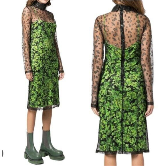NWT Stine Goya Ibi Floral Mesh Overlay Midi Dress Size XS Green Black #2G456 - Picture 1 of 11